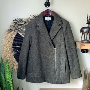 ZARA Wool Olive Green Asymmetrical Zip Moto Biker Jacket Coat